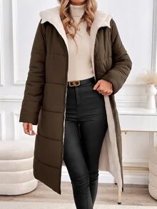 SHEIN Clasi 女款拉鍊連帽泰迪毛內裡絎縫外套 秋冬款 - 咖啡棕 - 查看 10