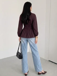 Veilorie Women's Solid Color Pleated Casual Versatile Daily Wear Shirt - Brown - View 2