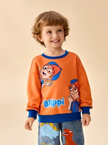 Blippi X SHEIN 小男孩圓領長袖卡通印花運動衫 - 橘色 - 查看 4