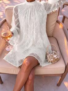 Flora Isola Flora Isola Women's Spring Summer Autumn Date Party Gathering Ball Jacquard Stand Collar Flared Sleeve Balloon Dress - White - View 3