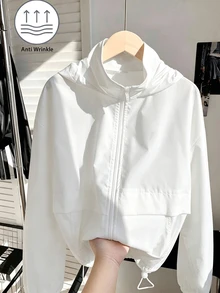 SHEIN Kids Tween Girl Casual Street Style Hooded Zip-Up Autumn Winter Jacket With Pockets, Drawstring Hem, Long Sleeve, Woven Solid Color - White - View 1
