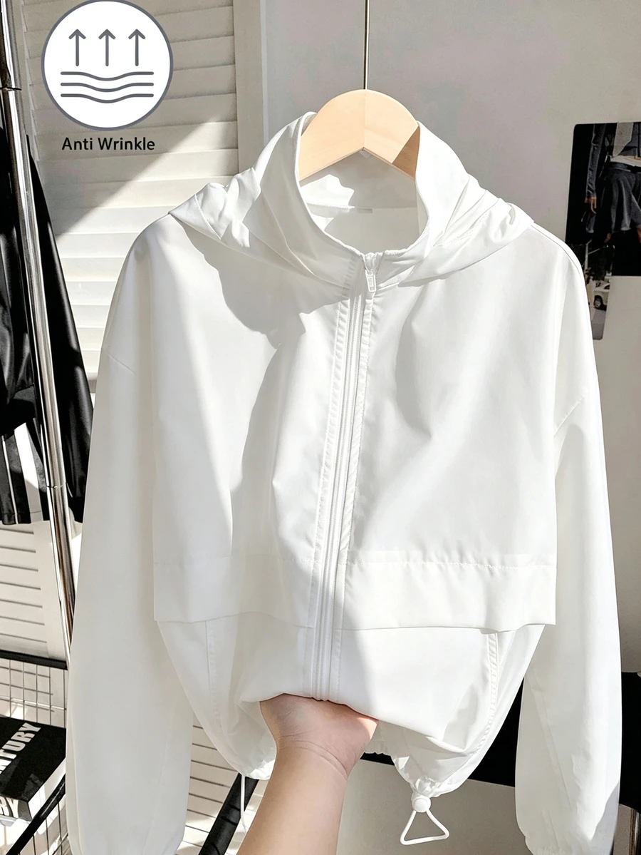 SHEIN Kids Tween Girl Casual Street Style Hooded Zip-Up Autumn Winter Jacket With Pockets, Drawstring Hem, Long Sleeve, Woven Solid Color - White - View 1