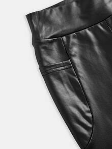 Tween Girl Autumn/Winter PU Black High Waist Elastic Compression Leggings, Snug Fit Tummy Control Yoga Pants - Black - View 3