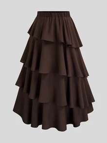 Sweetra CURVE Plus Size Multi-Layer Asymmetrical Cake Skirt High Waist Mid-Length Ruffle Hem Women Brown Summer Thanksgiving Date Night 1950s Vintage Elegant - Brown - View 1