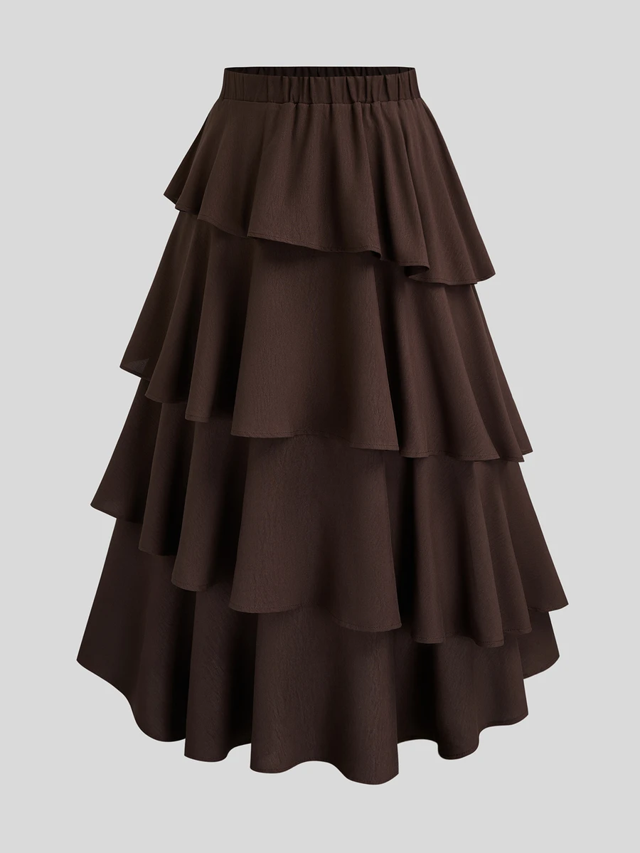 Sweetra CURVE Plus Size Multi-Layer Asymmetrical Cake Skirt High Waist Mid-Length Ruffle Hem Women Brown Summer Thanksgiving Date Night 1950s Vintage Elegant - Brown - View 1