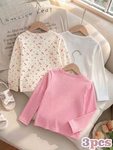 3pcs Girls Floral Cherry Bow Print Long Sleeve Crew Neck Tops, Casual Style For Autumn/Winter Wear - Multicolor - View 2