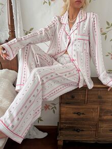 CottageSlumber Women's Bubble Crinkle Ditsy Floral Cardigan Collar Long Sleeve Pajama Set - Pink - View 1