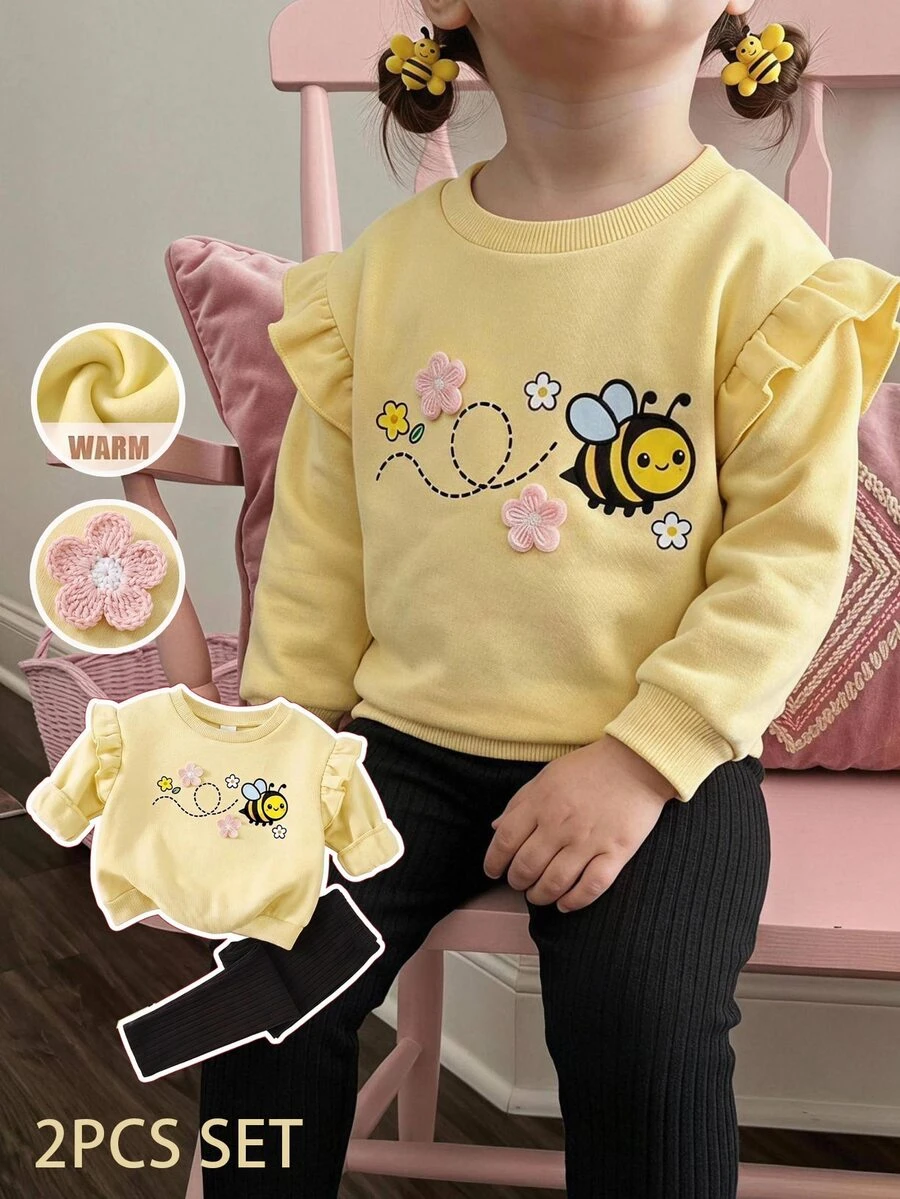 Cozy Pixies 女嬰幼兒女孩卡通動物豹紋貓咪圖案針織軟綿圓領長袖連帽套頭衛衣彈性腰修身長褲兩件套可愛休閒裝,適合外出、假期、派對等多種場合 - 彩色 - 查看 1