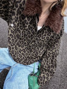 FRIFUL Women's Fashion Street Leopard Print Zipper Denim Jacket - Brown - View 6
