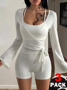 Coolane Women 1 Set White Long Sleeve Jacket, Seamless White Bra, And Shorts - White - View 1