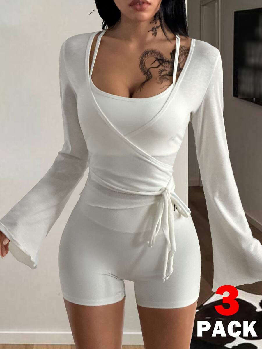 Coolane Women 1 Set White Long Sleeve Jacket, Seamless White Bra, And Shorts - White - View 1