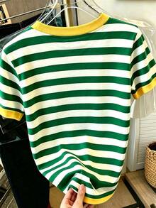 Resyla Limoncello Lemon Floral Striped Tee Women Contrast Yellow Trim Short Sleeve T-Shirt - Multicolor - View 2
