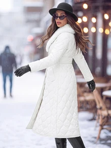 Editum Women's Comfortable Button-Up Waist-Cinching Fur Collar Padded Coat - White - View 2