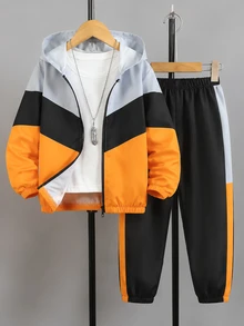 SHEIN Boys' Spring/Autumn Printed Sports Set, Colorblock Patchwork Casual 2 Pieces Outfit - Multicolor - View 1