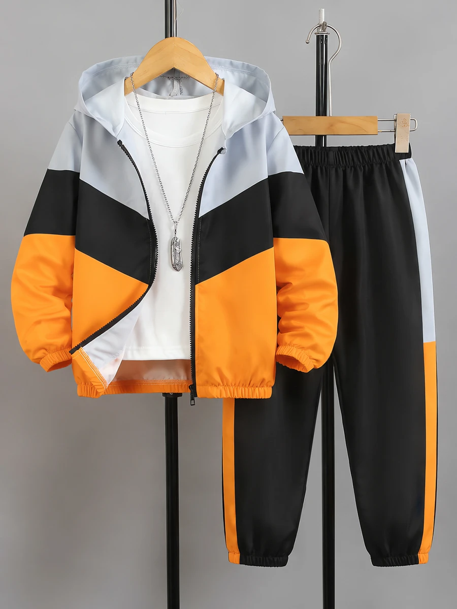 SHEIN Boys' Spring/Autumn Printed Sports Set, Colorblock Patchwork Casual 2 Pieces Outfit - Multicolor - View 1