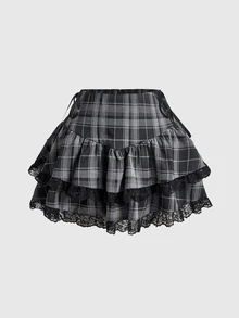 ROMWE Goth Women's Plaid Lace Trim Casual Daily Mini Skirt - Multicolor - View 3