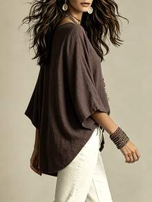 SHEIN Women's Minimalist Casual Comfortable Loose Cotton Linen Blouse - Chocolate Brown - View 2