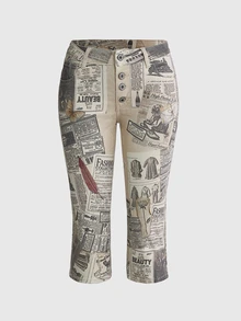 ROMWE Vintage Collage Newspaper Print Ultra Low Waist Women's Denim Mid-Length Pants - Multicolor - View 1