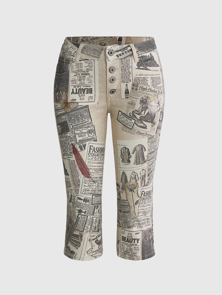 ROMWE Vintage Collage Newspaper Print Ultra Low Waist Women's Denim Mid-Length Pants - Multicolor - View 1