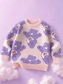 SHEIN X Care Bears 1件少女休閒百搭粉色卡通紫色熊趣味圖案圓領寬鬆舒適長袖套頭毛衣，適合日常穿著、秋冬室內運動、攝影、節慶生日 - 彩色 - 查看 1