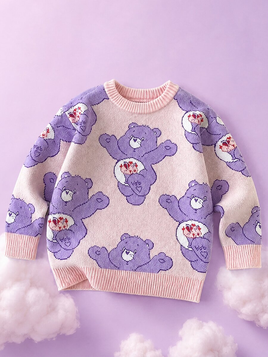 SHEIN X Care Bears 1件少女休閒百搭粉色卡通紫色熊趣味圖案圓領寬鬆舒適長袖套頭毛衣,適合日常穿著、秋冬室內運動、攝影、節慶生日 - 彩色 - 查看 1