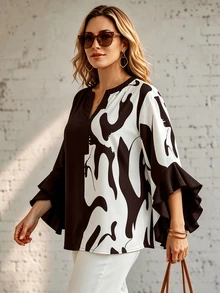 Ceyna Autumn Style Floral & Geometric Print Colorblock Patchwork Black Ruffle Trim 3/4 Sleeve V-Neck Plus Size Blouse - Coffee Brown - View 6