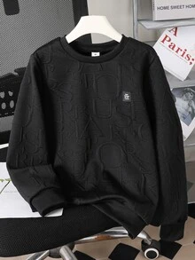 SHEIN 青少年男孩圓領長袖幾何紋理布料休閒運動衫 - 黑色 - 查看 6