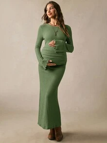 Boho Mama 圓領長袖素色百褶孕婦洋裝 秋季 - 淺藍色 - 查看 3