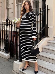 MaterniWear Gaun Hamil Motif Garis Kasual untuk Harian, Musim Panas dan Traveling - Hitam - View 4