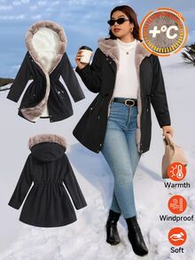 SHEIN CURVE+ معطف باركا شتوي مبطن بفرو تيدي مع خصر مشدود وغطاء رأس - الأسود - مشاهدة 3