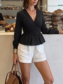 SHEIN PariChic Women's V-Neck Polka Dot Casual Daily Wear Blouse - Black - View 1