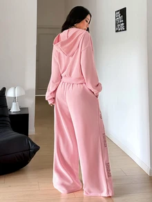 StreetHx Women's Pink Distressed Style Printed Hoodie Jacket + Long Pants 2 Pieces Set - Pink - View 2