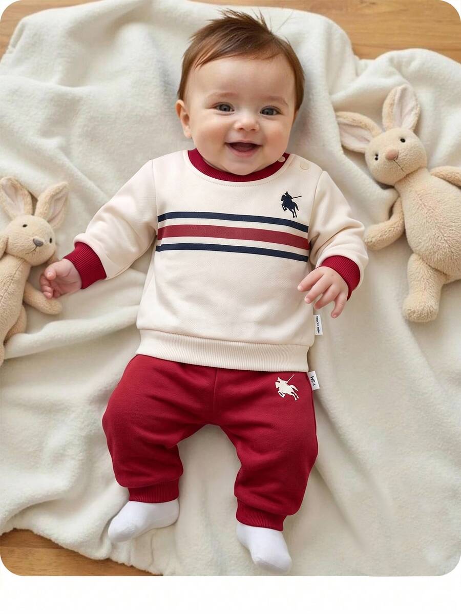 SHEIN Newborn Baby Striped Knight Print Long Sleeve Sweatshirt And Pants Casual Set - Apricot - View 1