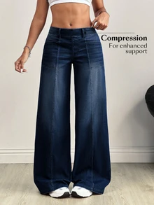 Flexra Plus Size Fashion Medium Blue Denim Washed Wide Leg Pants - Navy Blue - View 8