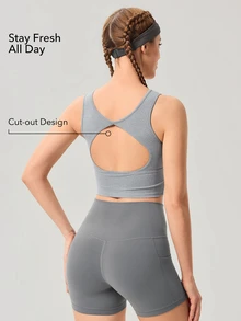 OutZeal Women Sports Bra Daily Casual Soft Stretch Bra-In Back Cut-Out Design Active Tops - Dark Grey - View 3