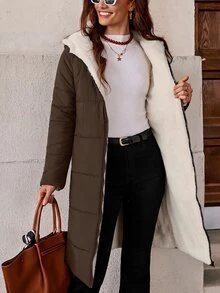 SHEIN Clasi 女款拉鍊連帽泰迪毛內裡絎縫外套 秋冬款 - 咖啡棕 - 查看 2