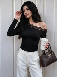 NOVVYNE Women Black One Shoulder Lace Trim Long Sleeve Ribbed Fitted Crop Top Dark Coquette Fall Halloween Night Out Party Blouse - Black - View 4