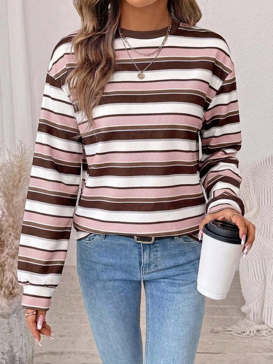 SHEIN LUNE 女款棕色與粉色條紋運動衫,秋冬運動衫,女款秋季服飾,秋季穿搭,女款通勤穿搭,基礎上衣,戶外穿搭,機場穿搭 - 白色 - 查看 1