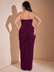 SHEIN BAE CURVE 大尺碼女款黑色優雅開衩長洋裝 - 紫色 - 查看 7