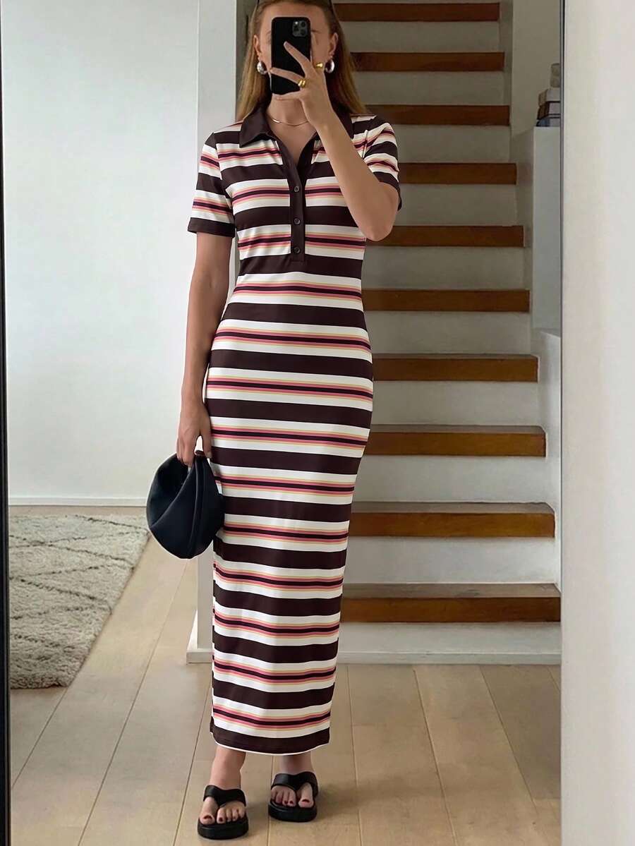 Aloruh 女款夏季休閒時尚復古撞色條紋短袖 Polo 領修身洋裝 - 粉色 - 查看 1