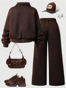 SHEIN Sparklyn 女童休閒兩件套，春秋冬季，紐約字母印花立領衛衣與短褲，保暖校園穿搭，適合日常穿著、上學、通勤、外出、散步、購物、旅行，可搭配夾克、背心、棉襖 - 棕色 - 查看 2