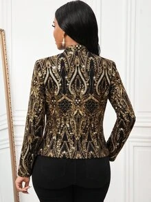 SHEIN Lady Jaket Blazer Elegan Wanita Lengan Panjang Jacquard dengan Bukaan Depan - MultiWarna - View 2