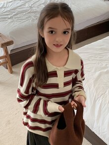 DAZY (Gadis Remaja) Sweater Longgar Berkerah Garis-garis Kasual Potongan Lurus Lengan Panjang Warna Kontras, Musim Gugur/Dingin - Aprikot - View 1