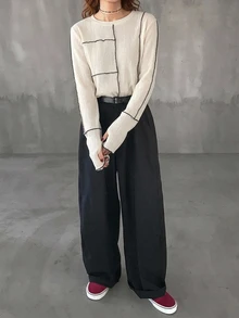 FRIFUL 女款圓領寬鬆版波浪飾邊純色長袖街頭風T恤 - 杏色 - 查看 2
