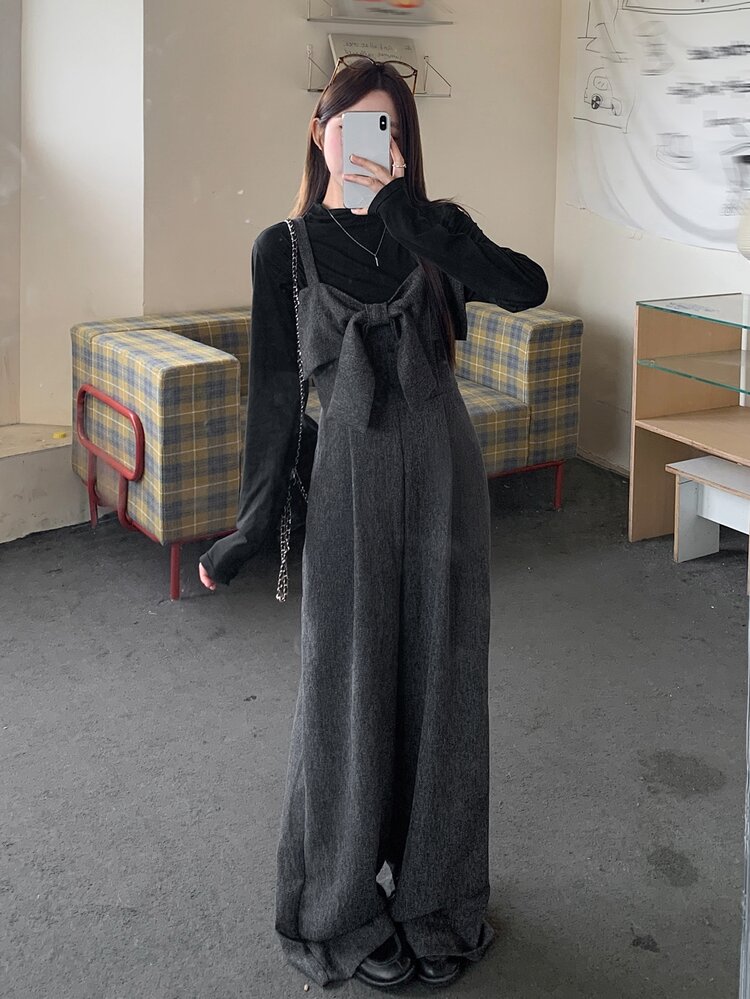 DAZY 女款高腰細肩帶蝴蝶結裝飾連身褲 - 灰色 - 查看 4