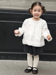 DAZY Infant/Toddler (Girl) Round Neck Long Sleeve Solid Color Spring/Autumn Korean Style Top - White - View 5