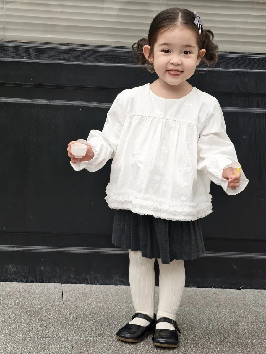 DAZY Infant/Toddler (Girl) Round Neck Long Sleeve Solid Color Spring/Autumn Korean Style Top - White - View 1