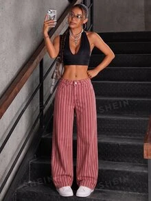 SHEIN Tall 時尚豹紋低腰水洗寬腿女款牛仔褲 - 彩色 - 查看 7