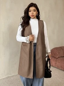 Auralis 女款大尺碼休閒極簡純色大口袋長版背心外套 - 棕色 - 查看 7