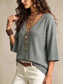 SHEIN Women's Grey V-Neck Ribbed Knit Loose Batwing 3/4 Sleeve Pullover Sweater, Suitable For Shopping, Travel, Daily Casual Wear In Autumn - Grey - View 3